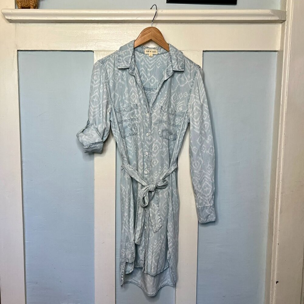 Anthropologie Cloth & Stone Blue & White Ikat Chambray Collared Button Front Dre - Picture 5 of 12